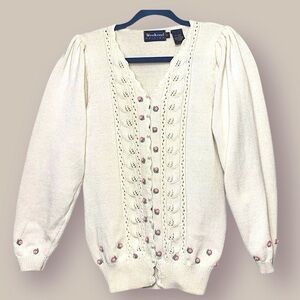 Vintage Cream Knit Cardigan Sweater Pearl Button Floral Puff Sleeve Cottage Sz S